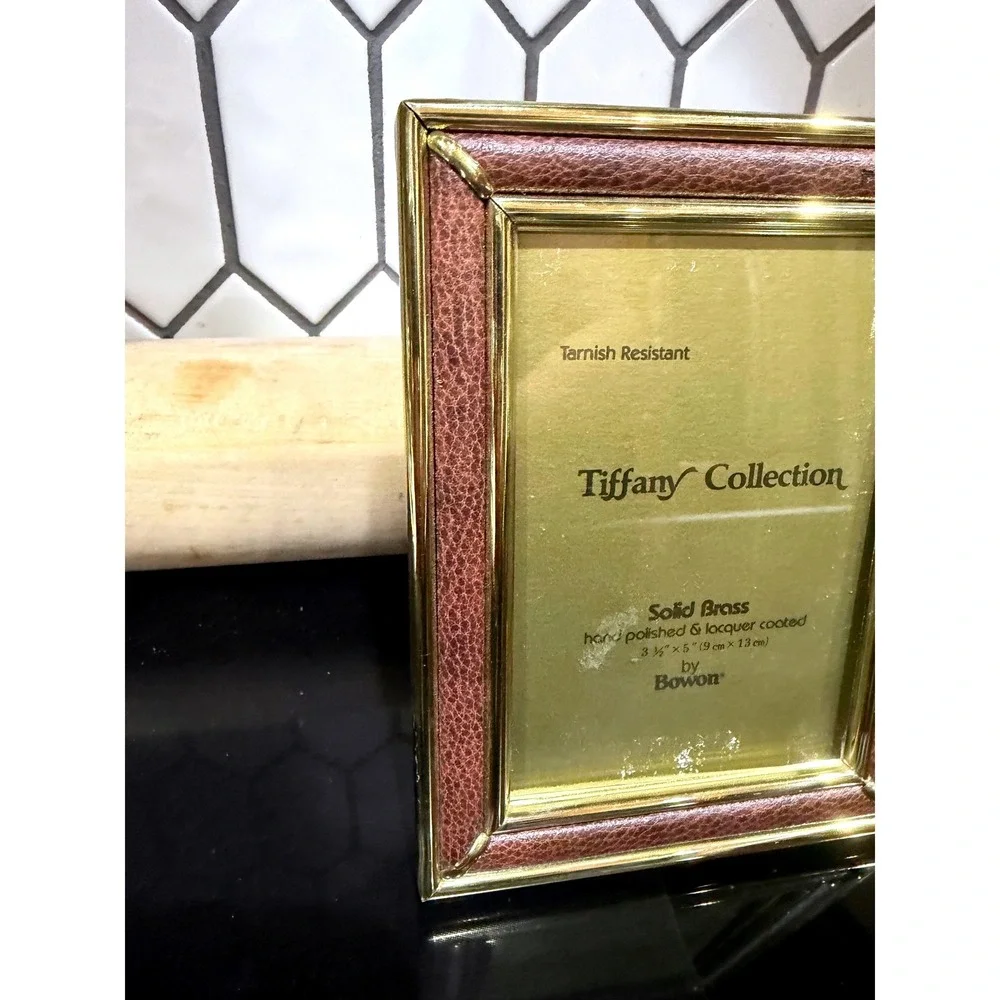 Vintage Bowon Tiffany Collection Solid Brass & Faux Leather Picture Frame 3.5x5